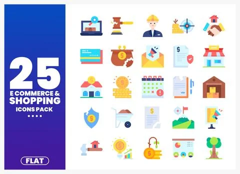 Flat e-commerce and shopping icons on white background with blue panel Stock Illustration