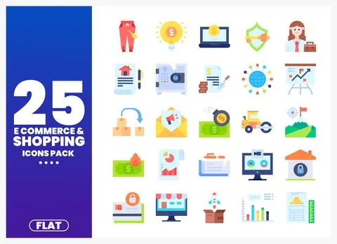 Flat e-commerce and shopping icons pack with abstract background. icons. Stock Illustration