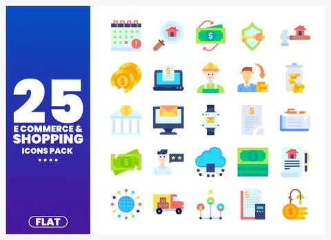 Flat e-commerce and shopping icons in a colorful grid Stock Illustration