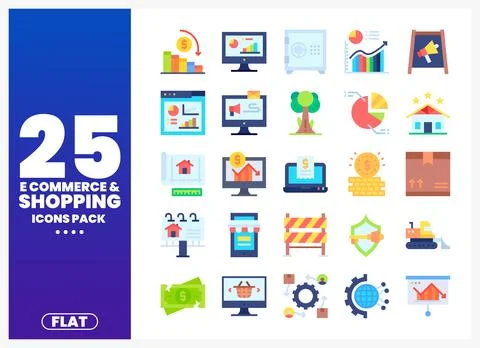 Flat e-commerce and shopping icons with financial and business graphics on .. Stock Illustration