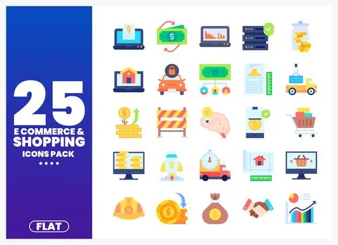 Flat e-commerce and shopping icons pack on a white background with text on .. Stock Illustration