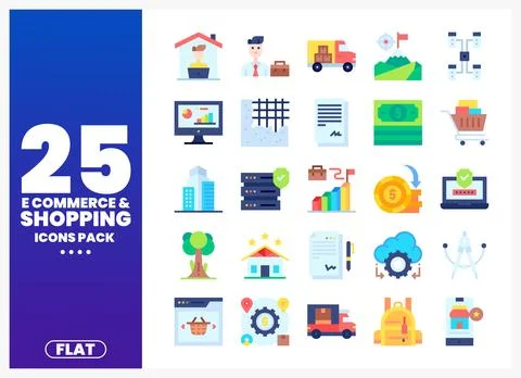 Flat e-commerce and shopping icons pack with graphic elements. Stock Illustration