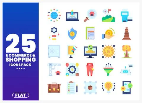 Flat e-commerce and shopping icons in a grid layout on a white background Stock Illustration
