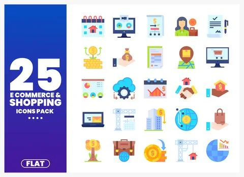 Flat e-commerce and shopping icons. digital graphics on white background. Stock Illustration
