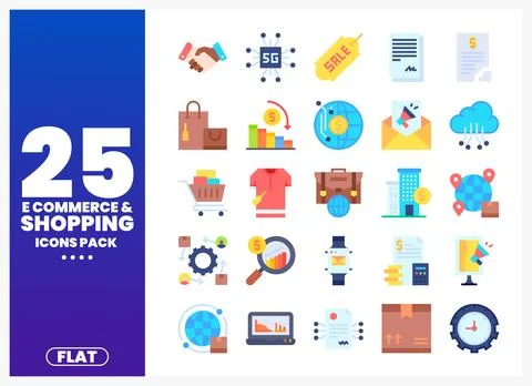 Flat e-commerce and shopping icons pack with elements for digital businesses Stock Illustration