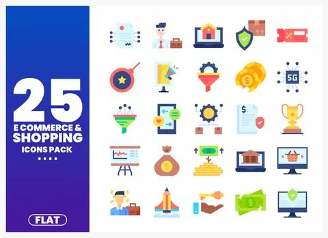 Flat e-commerce and shopping icons pack displayed on a white background Stock Illustration