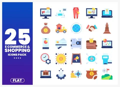 Flat E-commerce and Shopping Icons Pack Stock Illustration