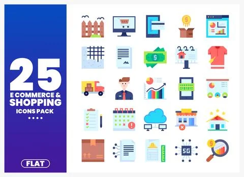 Flat e-commerce and shopping icons pack on blue gradient background Stock Illustration