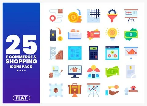 Flat E-commerce and Shopping Icons Pack Stock Illustration
