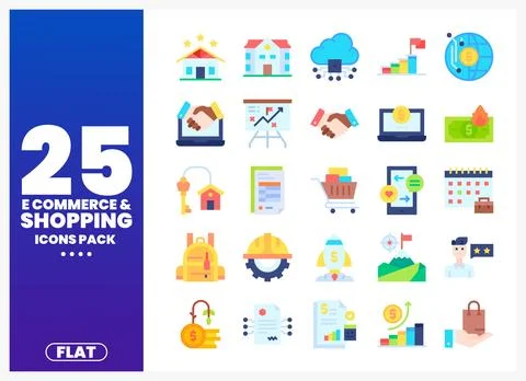 Flat e-commerce and shopping icons in a grid layout on a white background Ilustração Stock