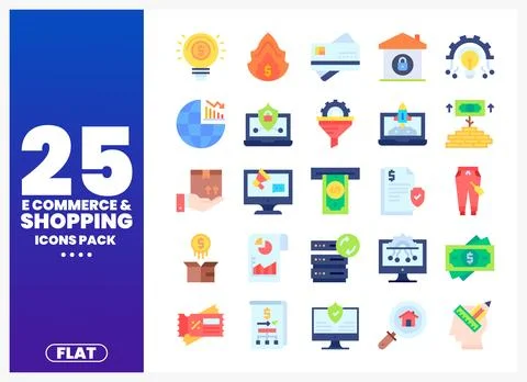 Flat e-commerce icons illustrating shopping. finance. and growth in a color.. Stock Illustration