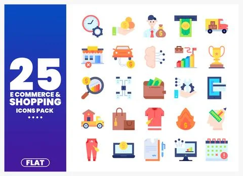 Flat E-Commerce Shopping Icons Pack with Creative Design Stock Illustration