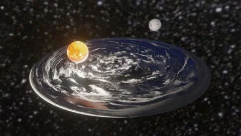 Flat Earth like dish plate in space with sun and moon 3d illustration Ilustração Stock