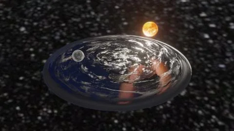 Flat Earth like dish plate in space with sun and moon 3d illustration Ilustração Stock