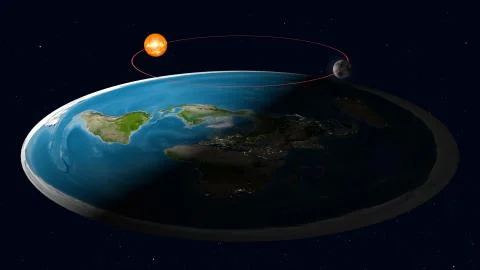 Flat Earth Model. Side view without clouds layer. Europe and Africa in front Stock Illustration
