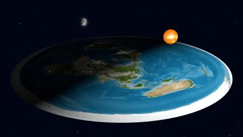 Flat Earth Model. Side view without clouds and red orbit symbol. Asia Stock Illustration