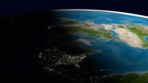 Flat Earth Model. Side view without a clouds layer. America in front Stock Illustration