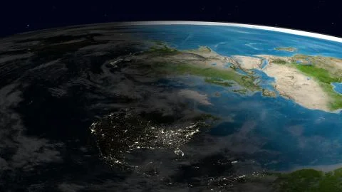 Flat Earth Model. Side view with a layer of clouds. America in front Stock Illustration