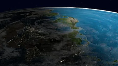 Flat Earth Model. Side view with a layer of clouds. Asia in front Stock Illustration