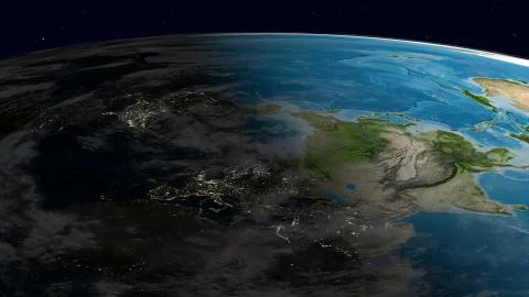 Flat Earth Model. Side view with a layer of clouds. Europe in front Stock Illustration