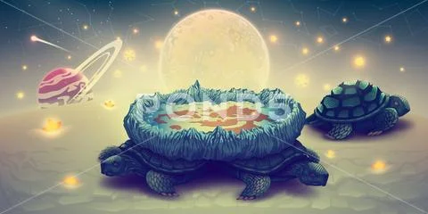 Flat earth model on a three turtles, concept cosmology of flat world in space Stock Illustrationen