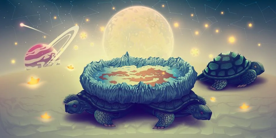 Flat earth model on a three turtles, concept cosmology of flat world in space Stock Illustration
