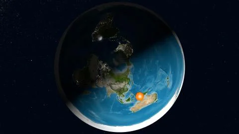 Flat Earth Model. Top view without clouds layer. Asia and Australia in front Illustrazione stock