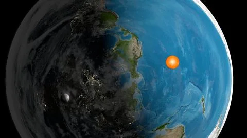 Flat Earth Model. Top view with clouds layer. Without red orbit symbol. Asia Stock Illustration