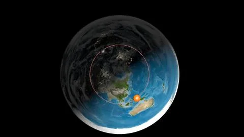 Flat Earth Model. Top view with a clouds layer. Asia and Australia in front Stock Illustration