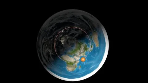 Flat Earth Model. Top view with a clouds layer. Africa and Europe in front Stock Illustration