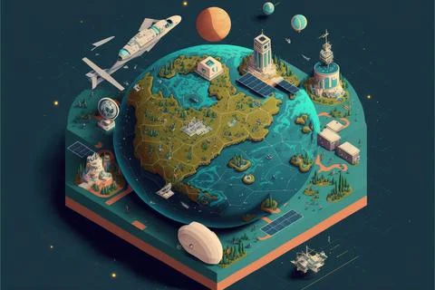 A flat earth with a space shuttle and other objects around it including a r.. Stock Illustration