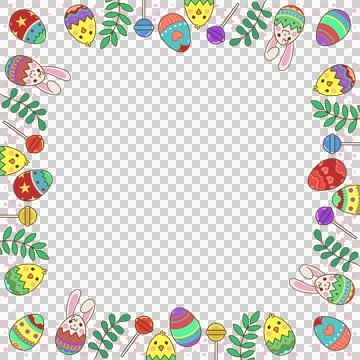 Flat Easter border is featuring eggs, chicks, bunnies, candies, sprigs on clear イラスト素材