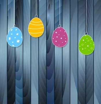 Flat Easter eggs on blue wooden texture background Illustrazione stock