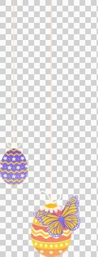 Flat Easter eggs hanging on ribbon bows showing butterfly pastel patterns on Illustrazione stock