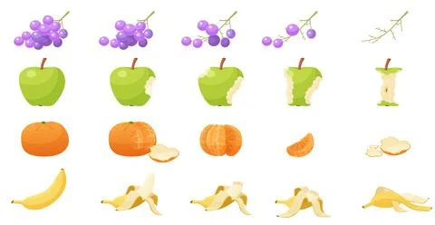 Flat eaten fruits set, sequence game animation of bitten banana, apple and Illustrazione stock