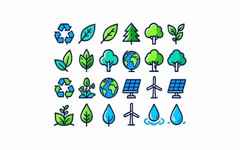 Flat Ecology and Green Environment Vector Icon Set Stock Illustration