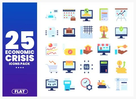 Flat economic crisis icons pack on a colorful background with text ECONOMIC.. 库存插图