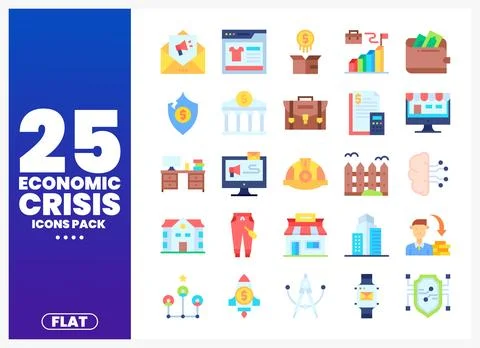 Flat economic crisis icons pack with graphical elements for business. finan.. Stock Illustration