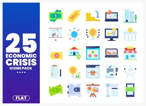 Flat economic crisis icons pack with number and graphic elements. Stock Illustration