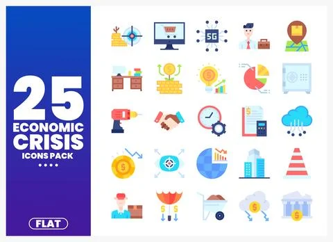 Flat economic crisis icons pack with financial and business symbols Stock Illustration