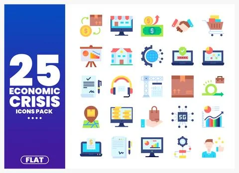 Flat economic crisis icons pack on white background featuring finance. busi.. Stock Illustration