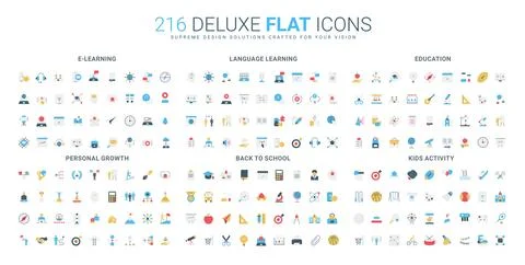 Flat Education E-Learning Language Kids Icons Set Stock-Illustration