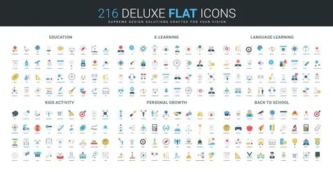 Flat Education E-Learning Language Kids Icons Set 스톡 일러스트