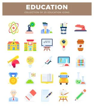Flat education icons collection featuring school supplies and symbols Stock Illustration
