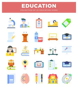 Flat education icons. a diverse set of learning and science symbols on a wh.. Stock Illustration