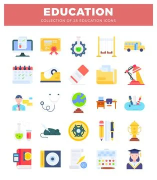 Flat education icons in a grid layout on white background Stock Illustration