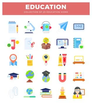Flat education icons in a grid layout. showcasing learning tools and concep.. Stock Illustration