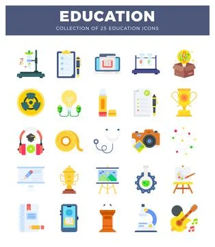 Flat education icons in a grid layout. white background. Stock Illustration