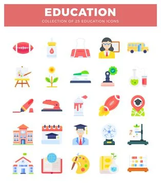 Flat education icons for learning and teaching. displayed on a white backgr.. Ilustración de archivo