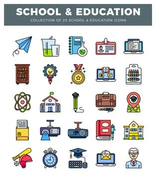 Flat education icons set with learning and school symbols. Illustrazione stock